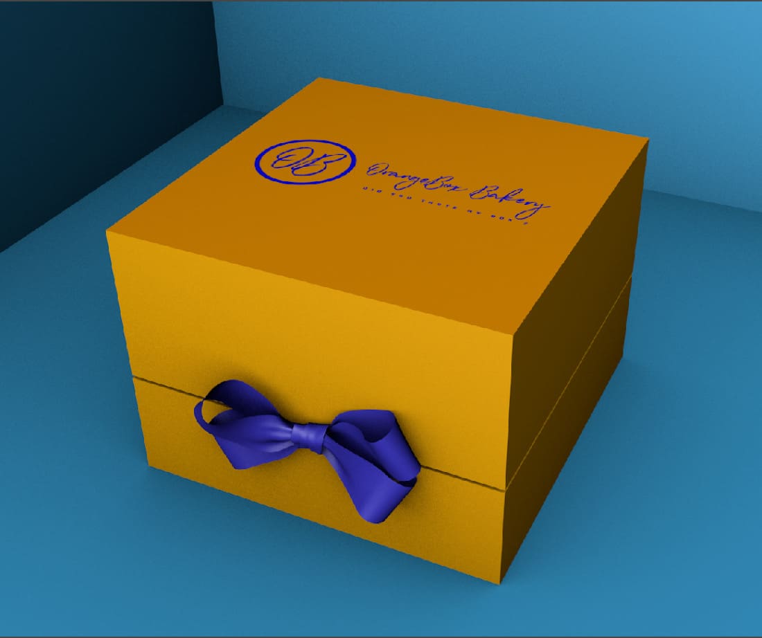 A yellow box with purple bow on top of blue table.